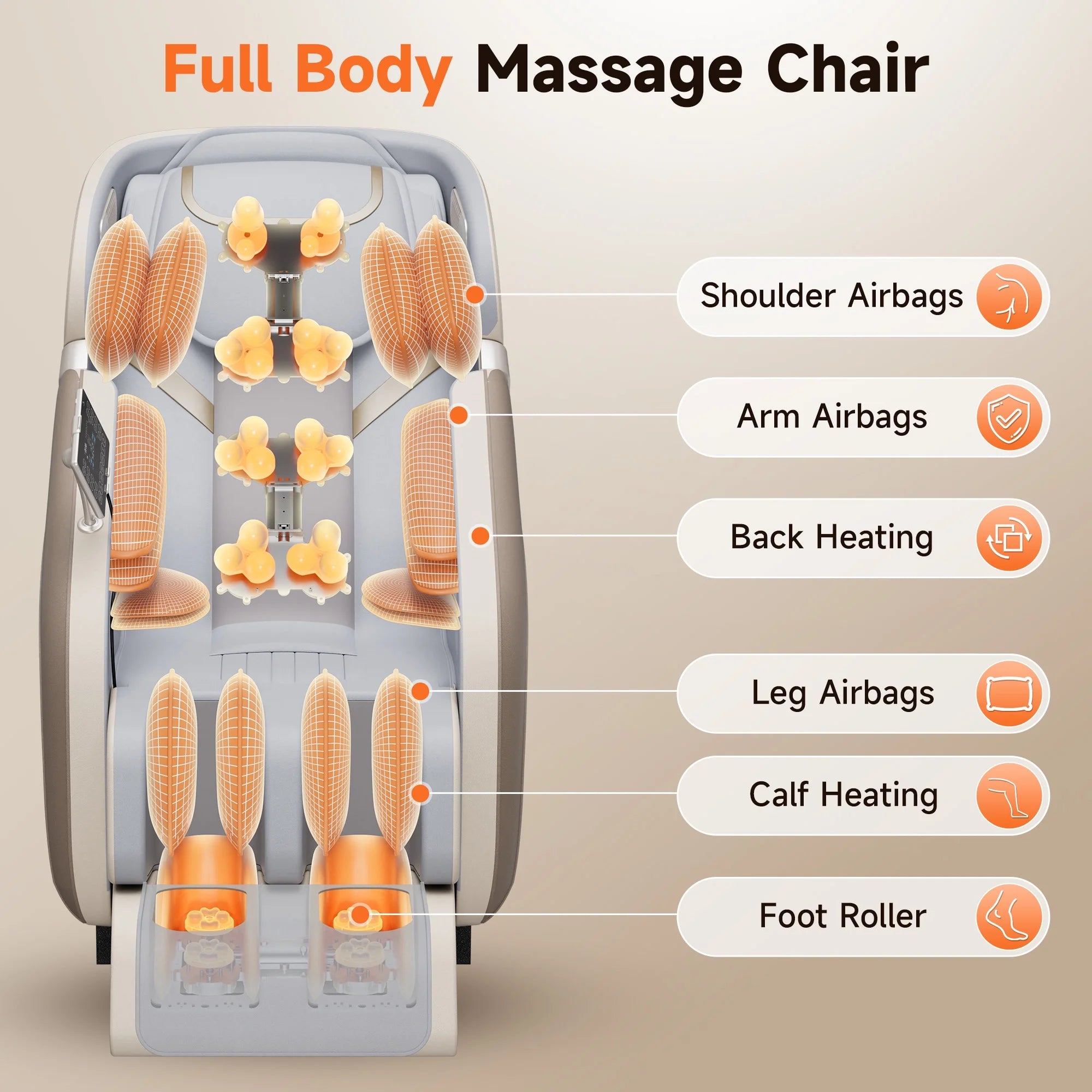 4D Massage Chair Full Body, Zero Gravity Massage Chair with Heat and Foot Massage with Airbags, Kneading, Bluetooth, LCD Touch Control - Beige