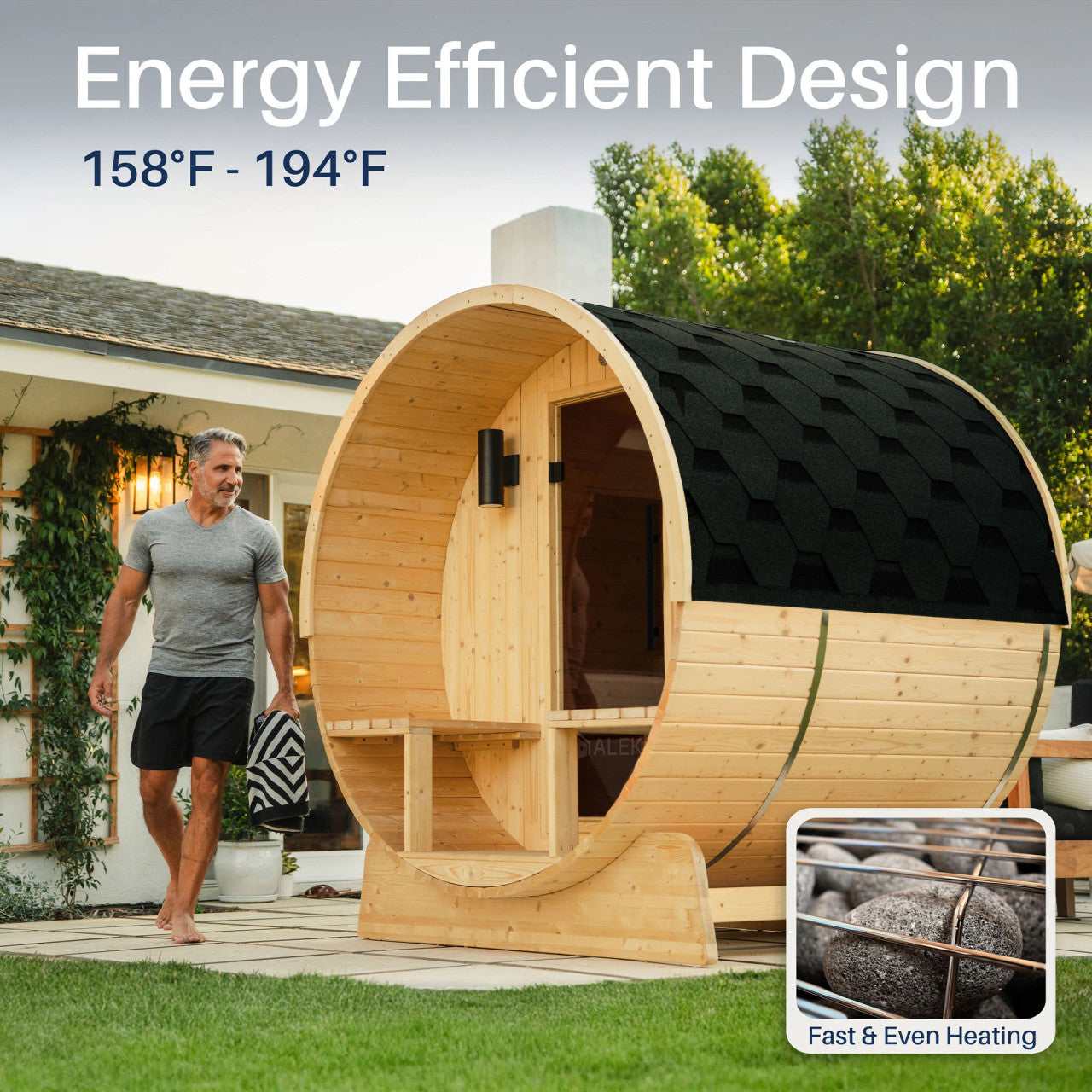 Anémona 2-4 Person Outdoor Finland Pine Traditional Barrel Wet/Dry Sauna with Porch
