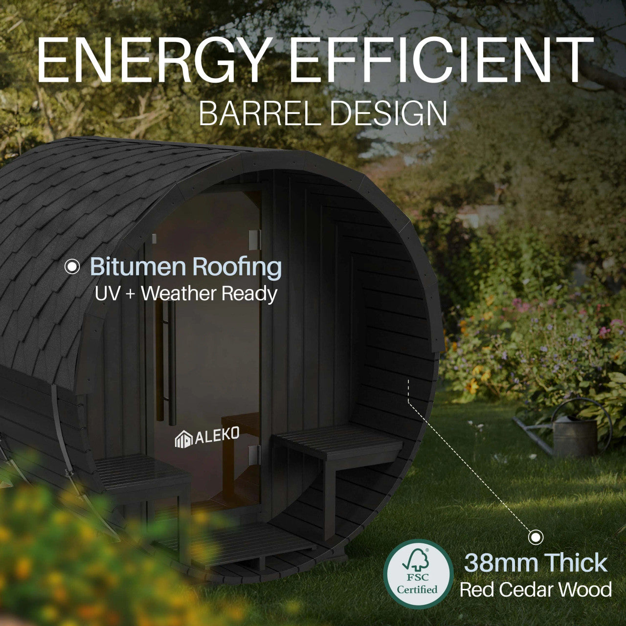 Aster 3-5 Person Outdoor Red Cedar Traditional Barrel Wet/Dry Sauna with Porch