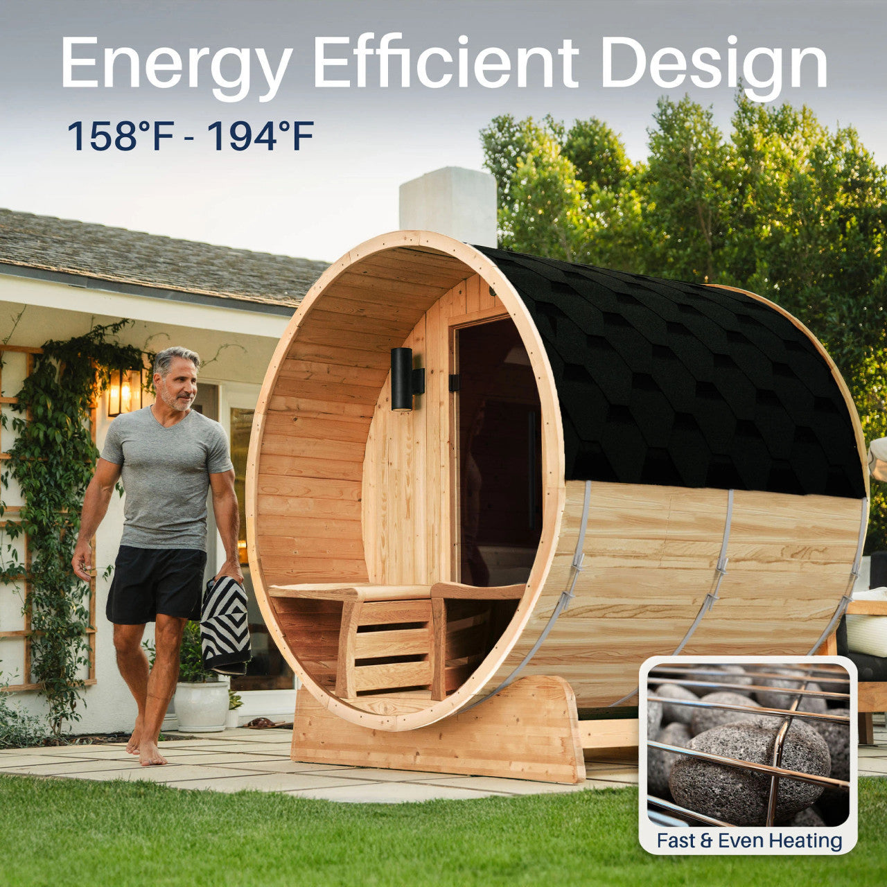 Liatris 5-6 Person Outdoor Rustic Cedar Traditional Barrel Wet/Dry Sauna with Porch