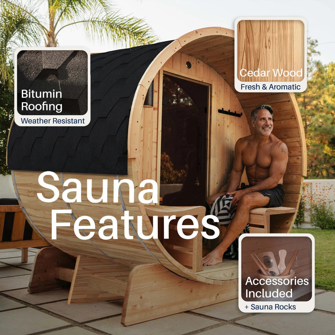 Liatris 5-6 Person Outdoor Rustic Cedar Traditional Barrel Wet/Dry Sauna with Porch