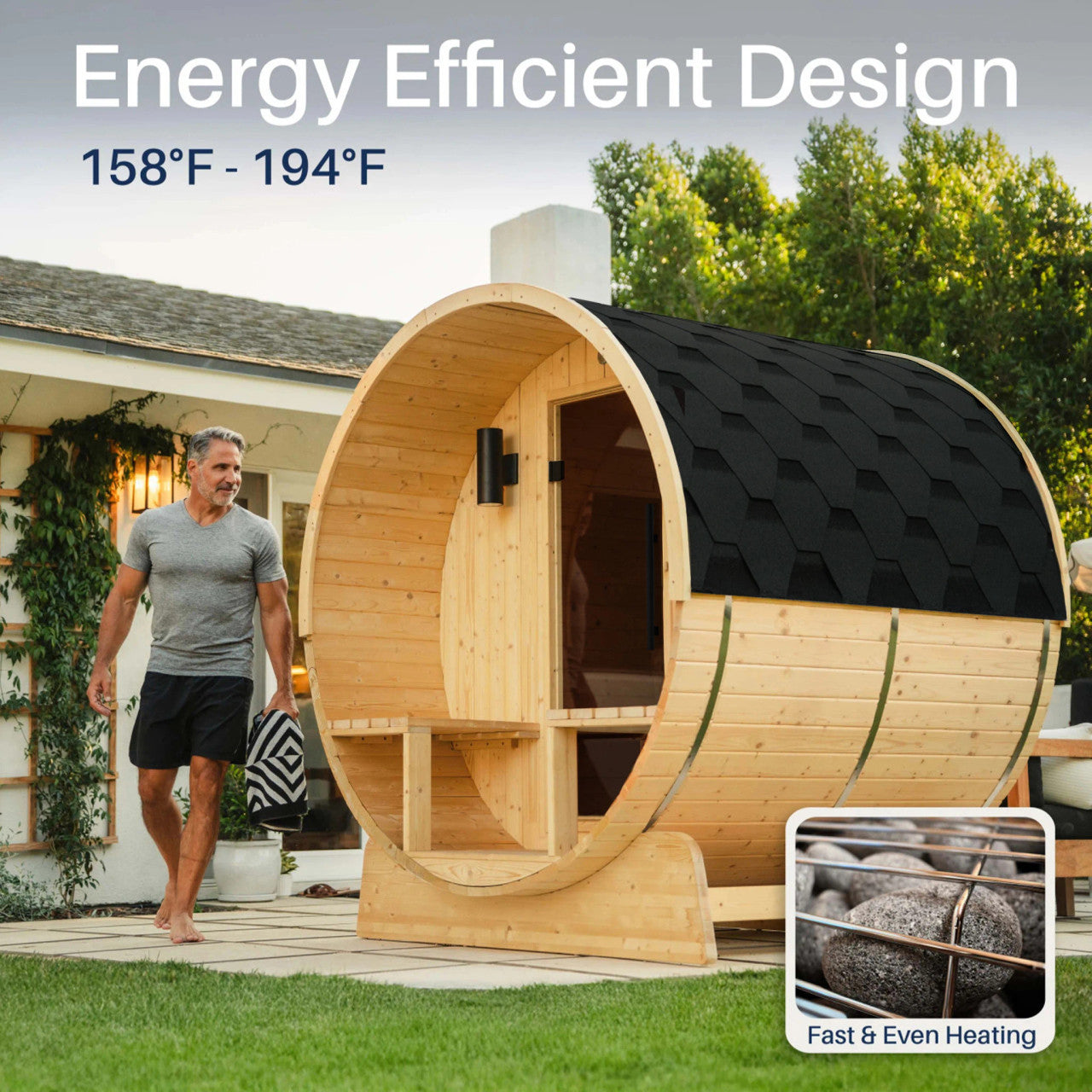 Anemona 6-8 Person Outdoor Finland Pine Traditional Barrel Wet/Dry Sauna with Porch