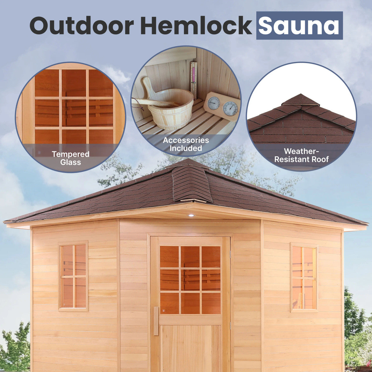 8-Person Outdoor Canadian Hemlock Traditional Wet/Dry Sauna with Asphalt Roof