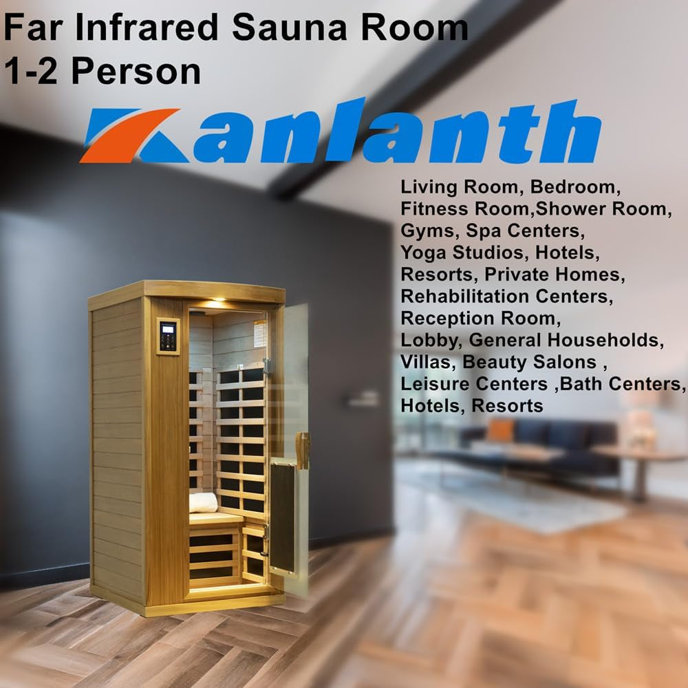 Far Infrared Sauna Room 1-2 Person Infrared Home Saunas, 8 Low EMF Heating Panels, 1510 Watts Red Cedar Wood Sauna with Door Heating Panel, LCD Display-Control, Blue-Tooth Audio, Outdoor Lamp