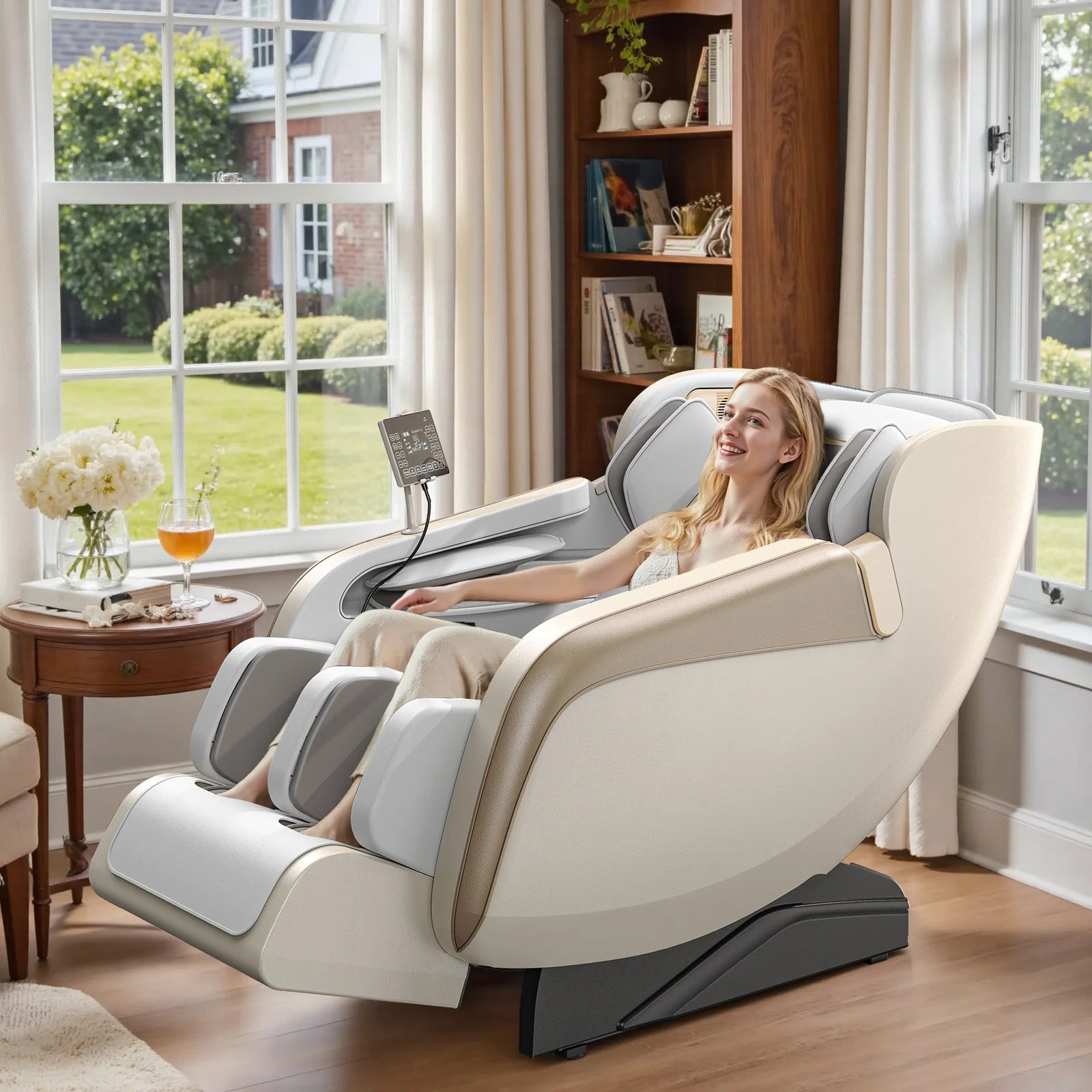 4D Massage Chair Full Body, Zero Gravity Massage Chair with Heat and Foot Massage with Airbags, Kneading, Bluetooth, LCD Touch Control - Beige