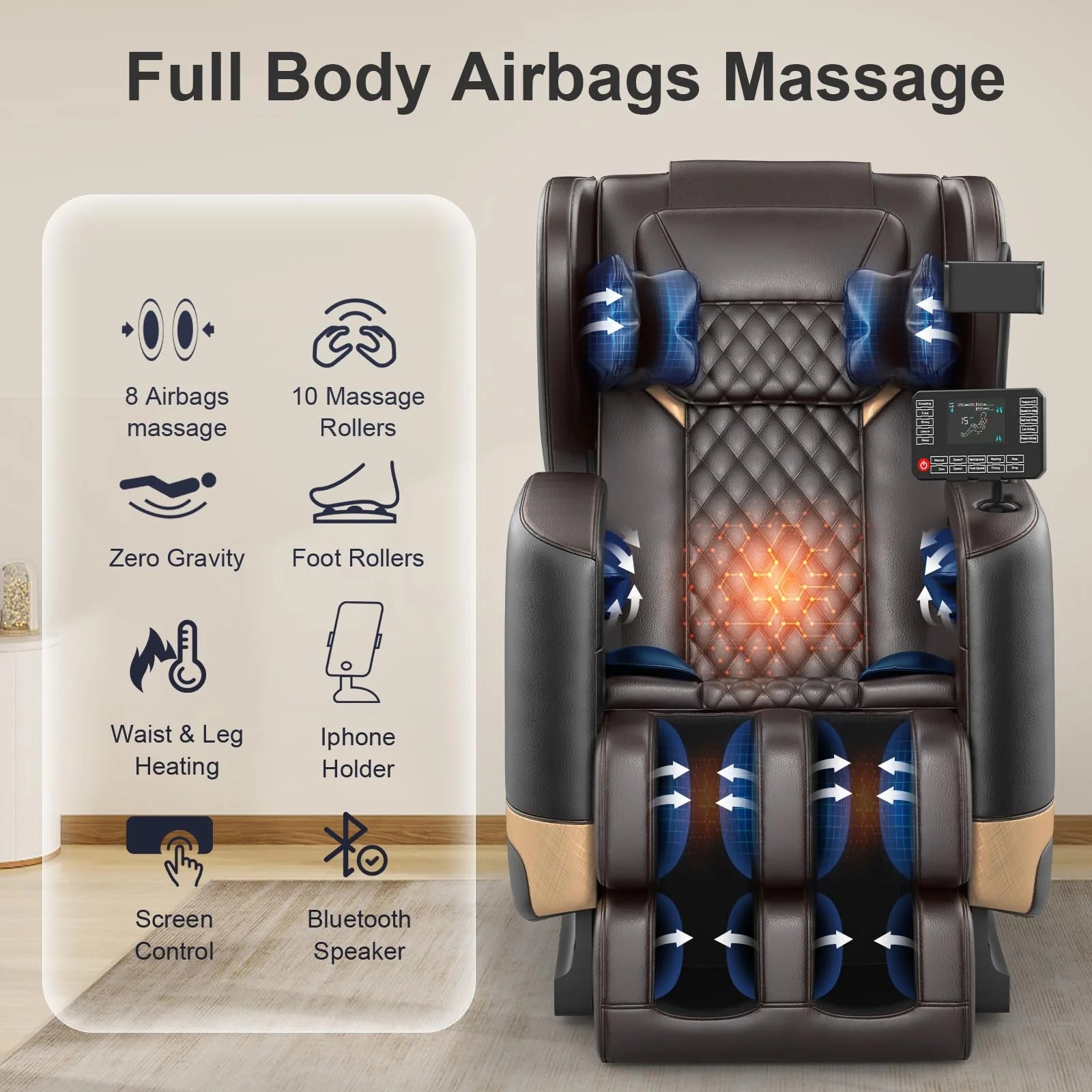 Massage Chair Full Body, Zero Gravity Massage Chair with 10 Fix Rollers, Heating, Foot Massage, Bluetooth Speaker, Touch Screen Controller, Fit Office and Home, Black