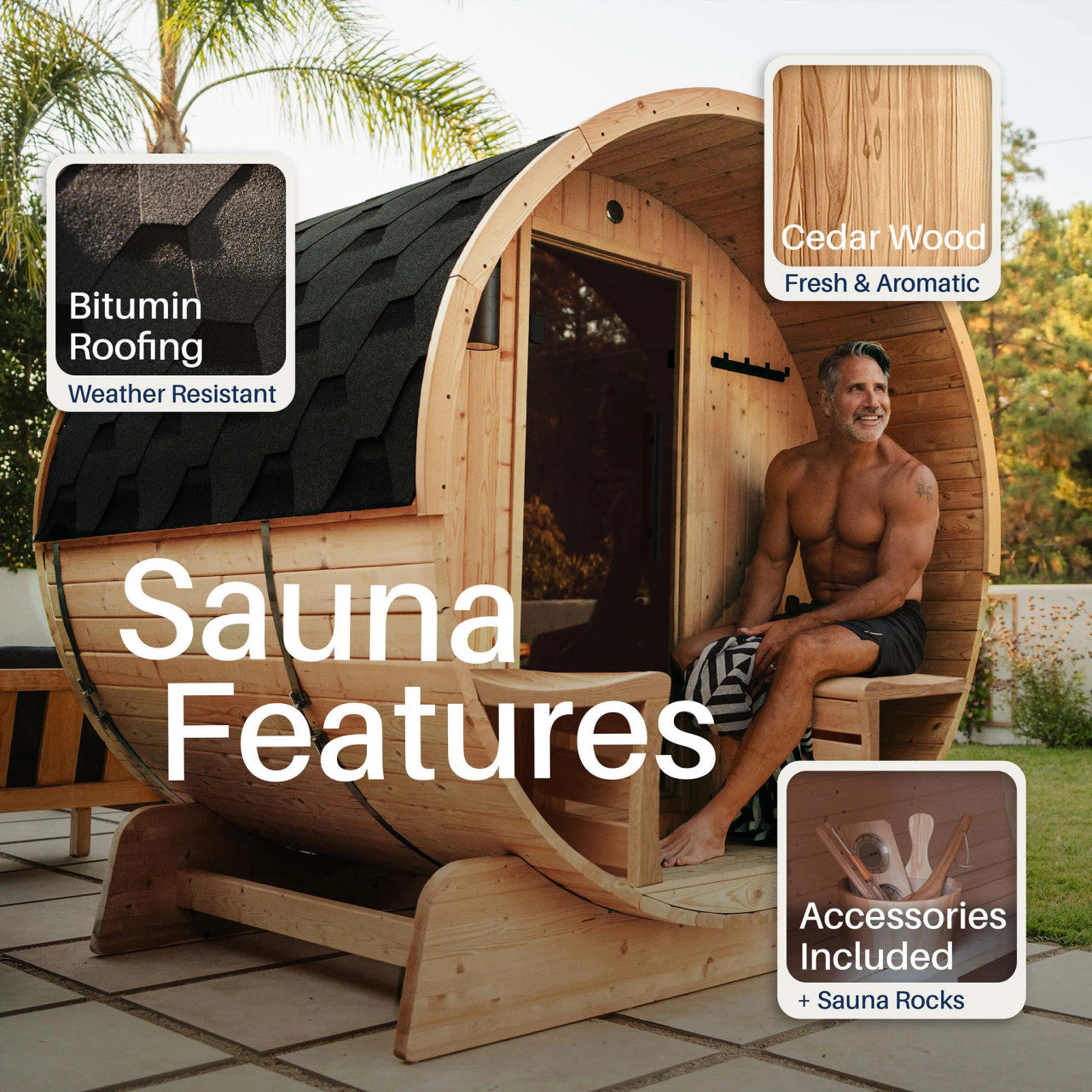 Liatris 2-4 Person Outdoor Rustic Cedar Traditional Barrel Wet/Dry Sauna with Porch