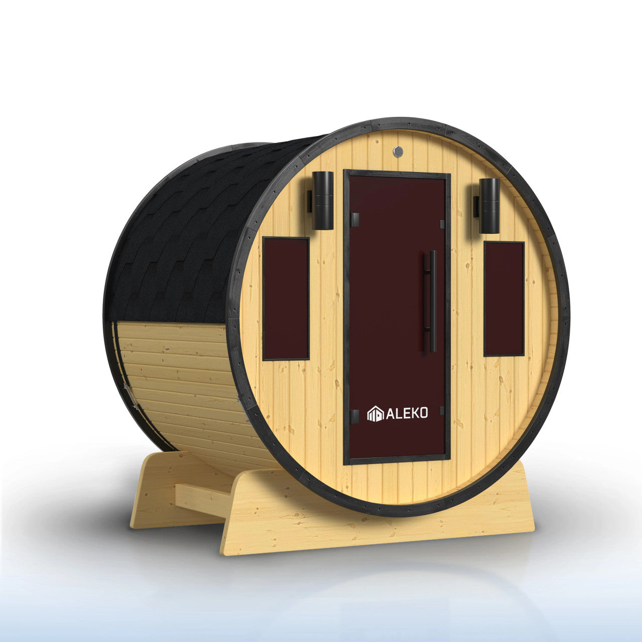 Celasia 3-4 Person Outdoor Finland Pine Traditional Barrel Wet/Dry Sauna with Black Accents