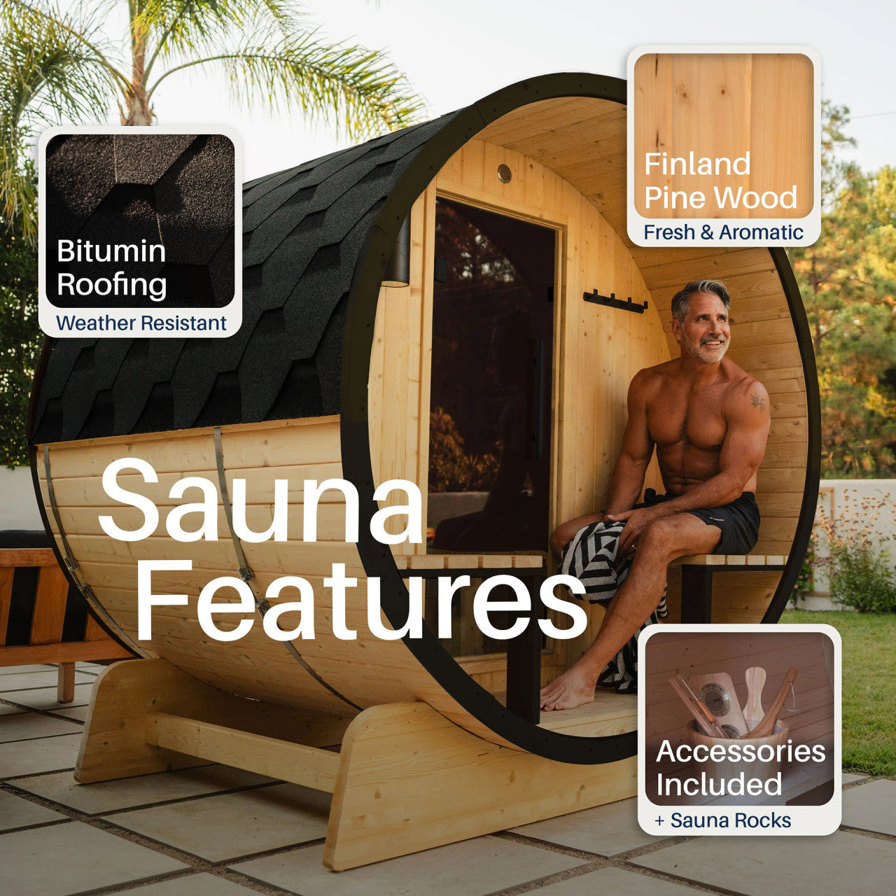 Celasia 2-4 Person Outdoor Finland Pine Traditional Barrel Wet/Dry Sauna with Porch