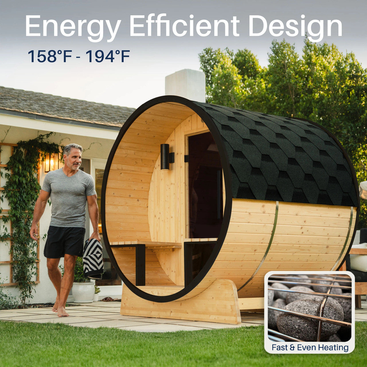 Celasia 2-4 Person Outdoor Finland Pine Traditional Barrel Wet/Dry Sauna with Porch
