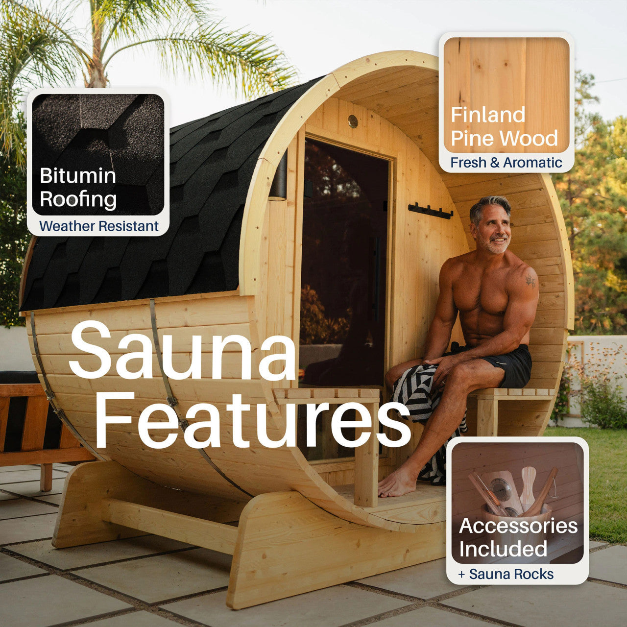 Anémona 2-4 Person Outdoor Finland Pine Traditional Barrel Wet/Dry Sauna with Porch