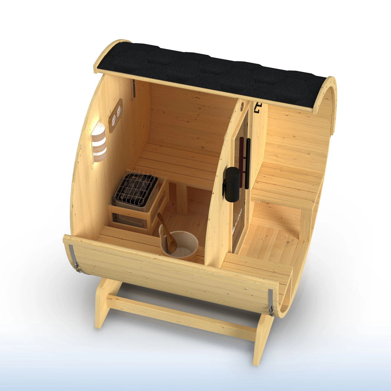 Anémona 2-4 Person Outdoor Finland Pine Traditional Barrel Wet/Dry Sauna with Porch