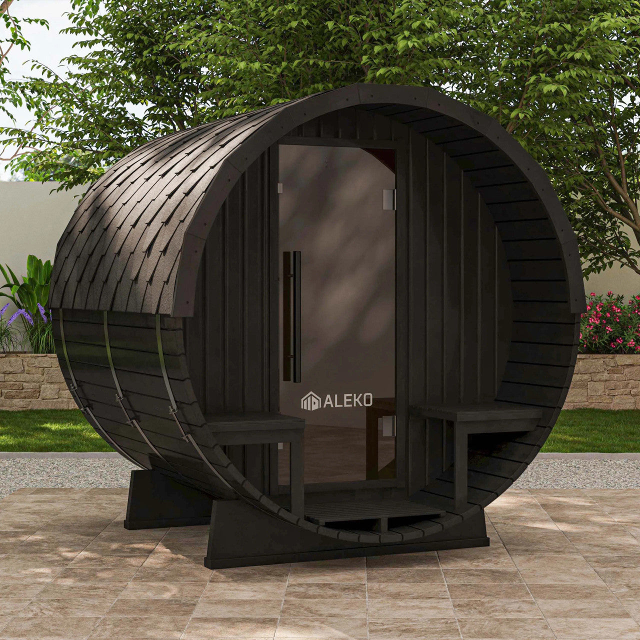 Aster 3-5 Person Outdoor Red Cedar Traditional Barrel Wet/Dry Sauna with Porch