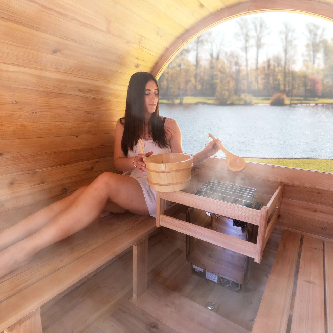 Liatris 6-8 Person Outdoor Red Cedar Traditional Barrel Wet/Dry Sauna with Panoramic Window