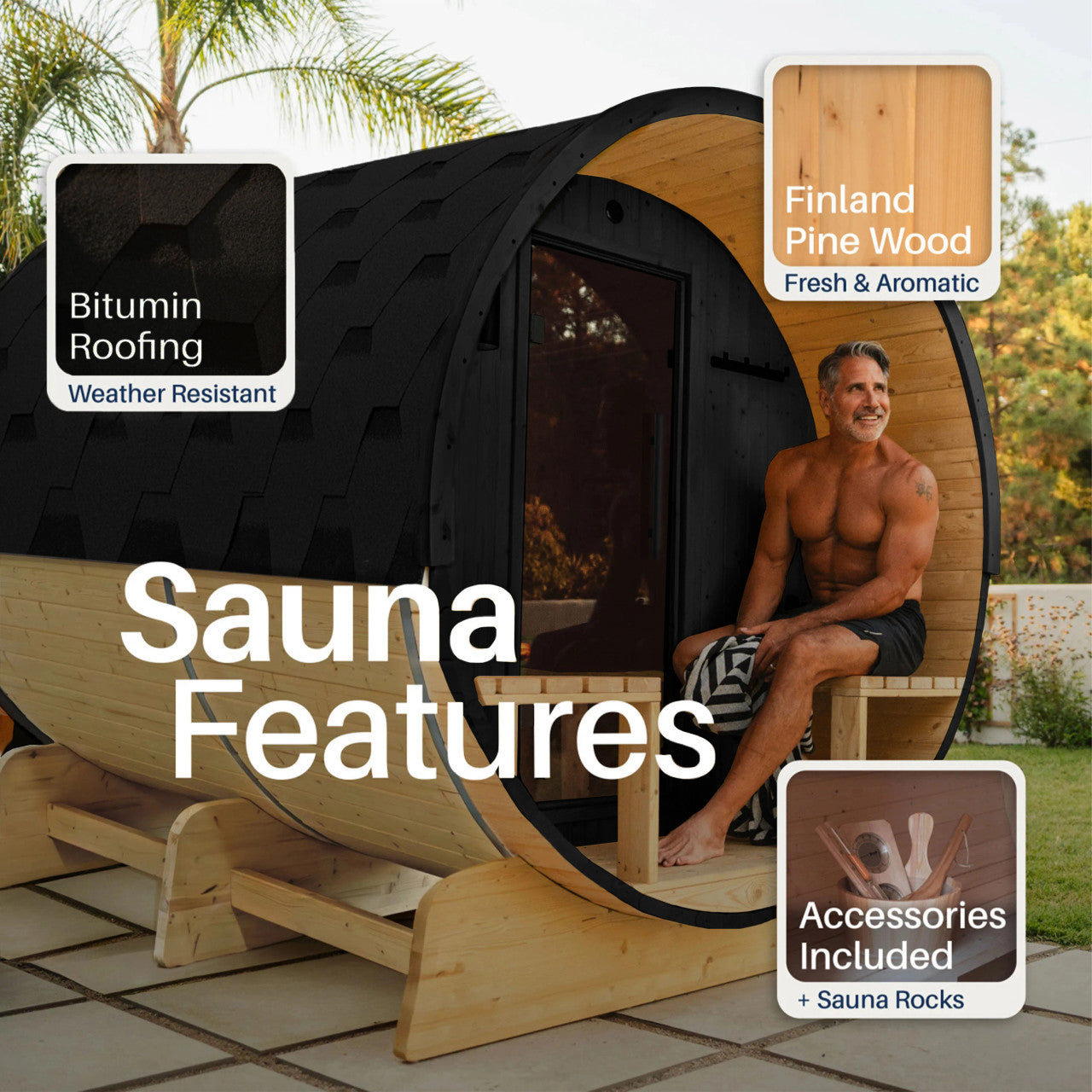 Anemona 6-8 Person Outdoor Finland Pine Traditional Barrel Wet/Dry Sauna with Porch