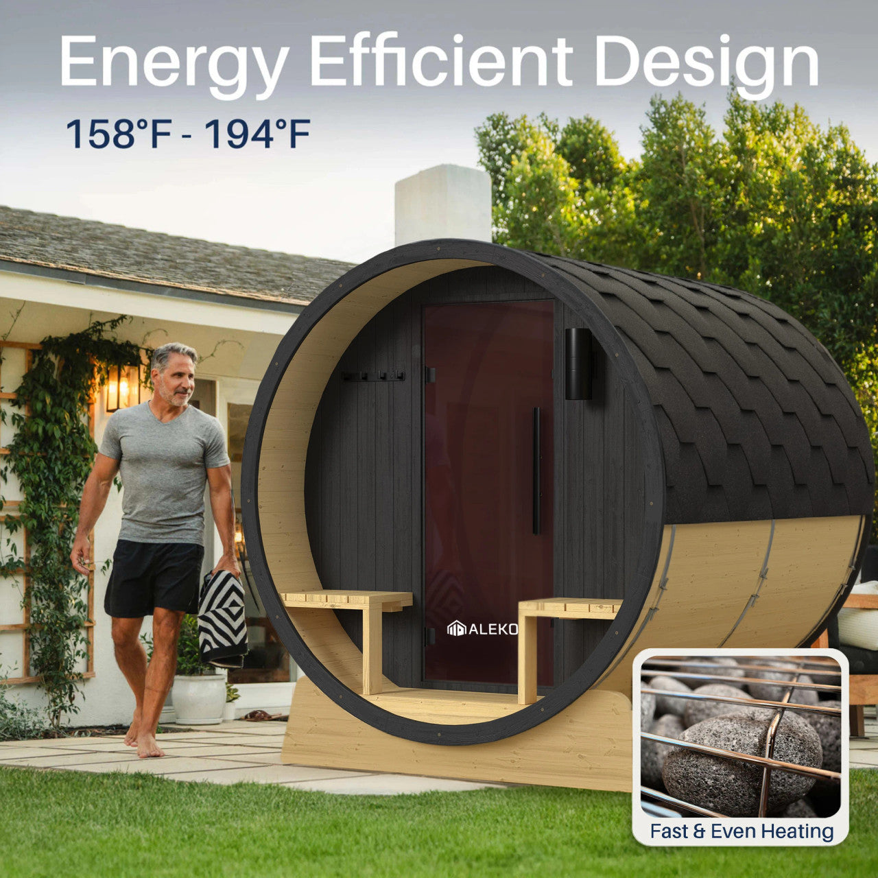 Anemona 6-8 Person Outdoor Finland Pine Traditional Barrel Wet/Dry Sauna with Porch