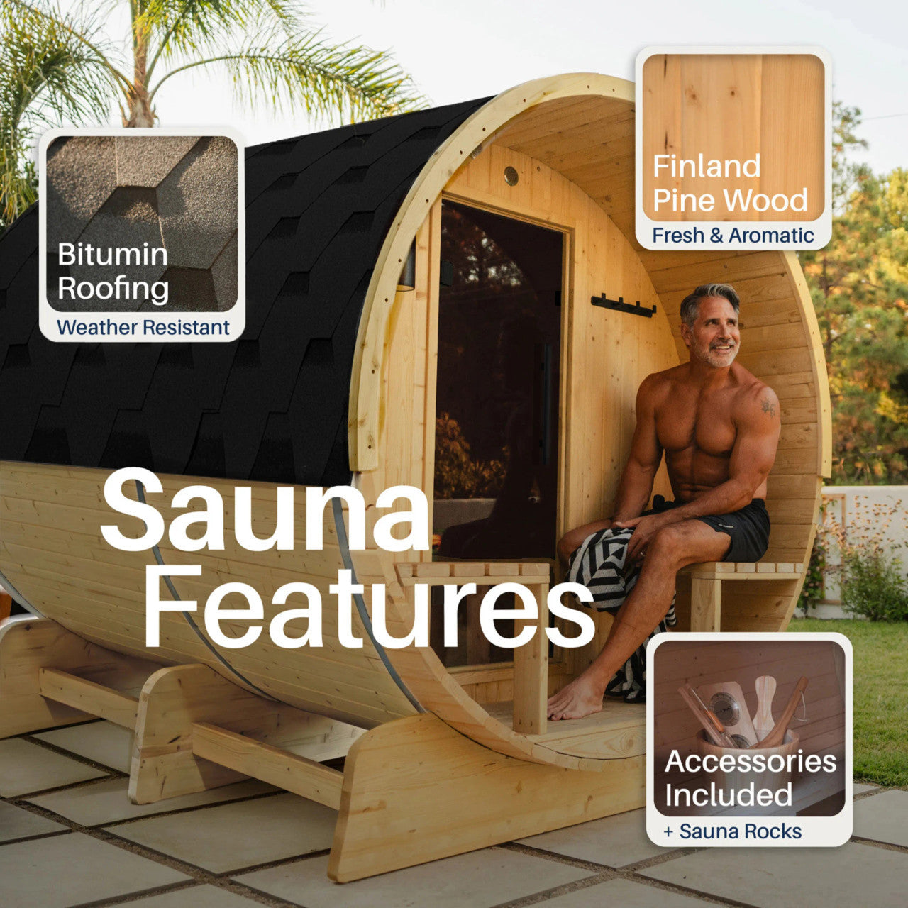 Anemona 6-8 Person Outdoor Finland Pine Traditional Barrel Wet/Dry Sauna with Porch