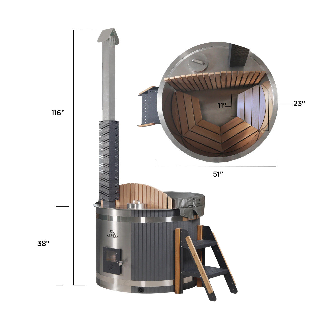 Stainless Steel Hot Tub & Cold Plunge Tub with Wood-Fired Heater – 1-3 People