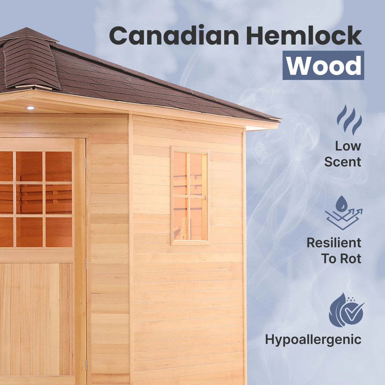 8-Person Outdoor Canadian Hemlock Traditional Wet/Dry Sauna with Asphalt Roof