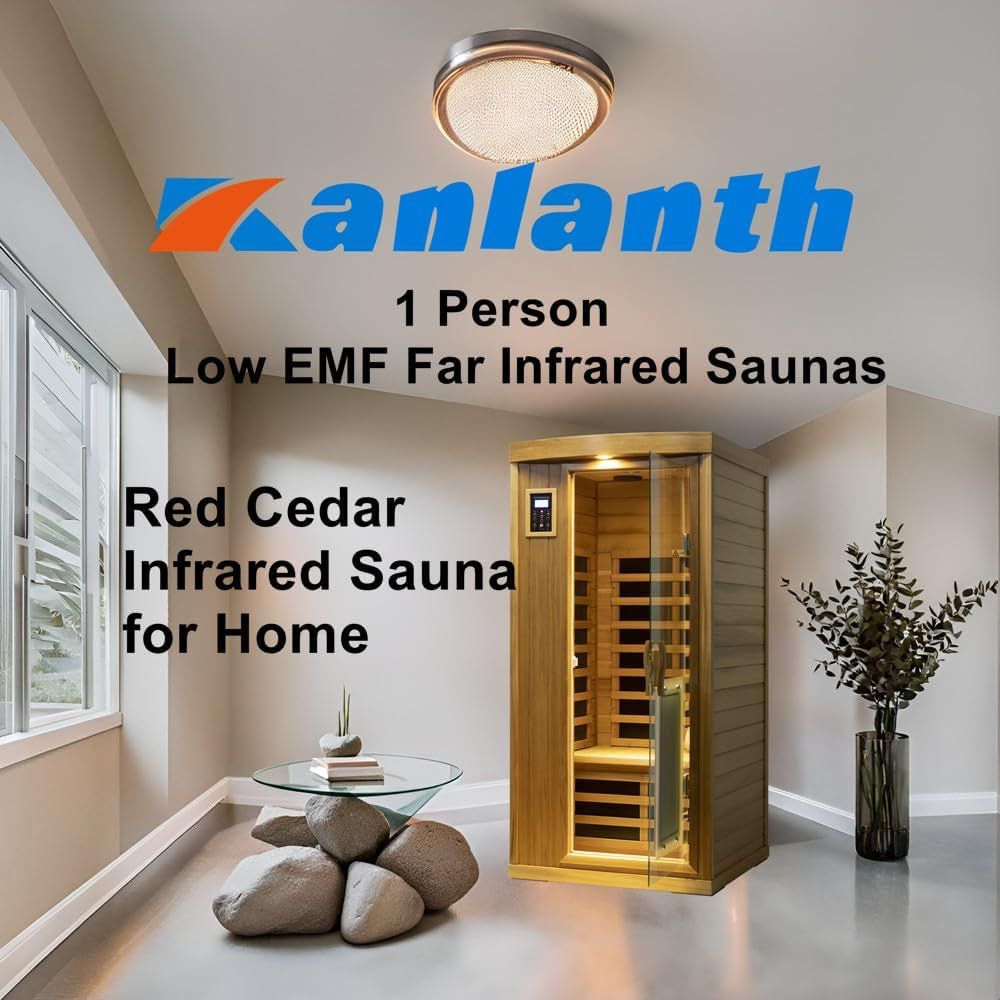Far Infrared Sauna Room 1-2 Person Infrared Home Saunas, 8 Low EMF Heating Panels, 1510 Watts Red Cedar Wood Sauna with Door Heating Panel, LCD Display-Control, Blue-Tooth Audio, Outdoor Lamp