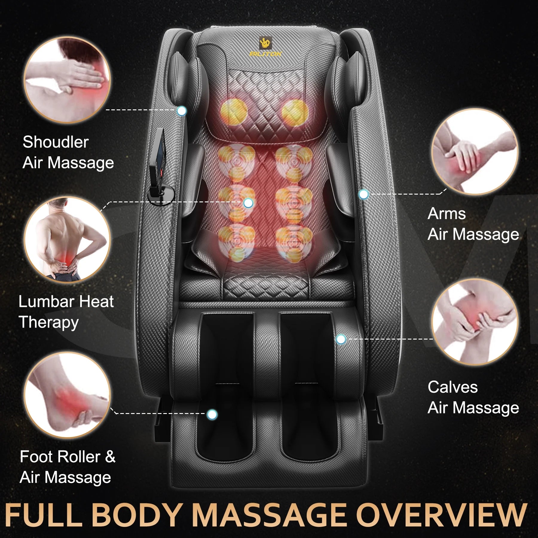 Massage Chair Neck Massager with Zero Gravity Heating Bluetooth Functions (Black)